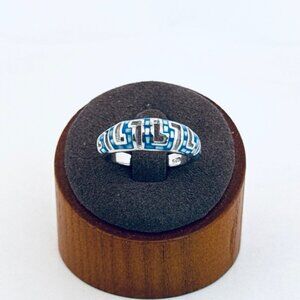 925 Sterling Silver Enamel Band Ring Blue Greek Key Design Size 7.75